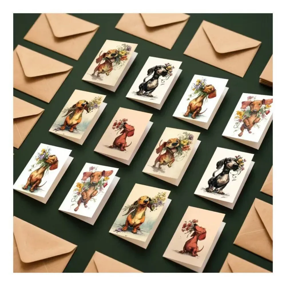 NWT Dachshund Puppy Flower Bouquet Greeting Cards Set 12 Pk 3.5x5 Envelopes Cute